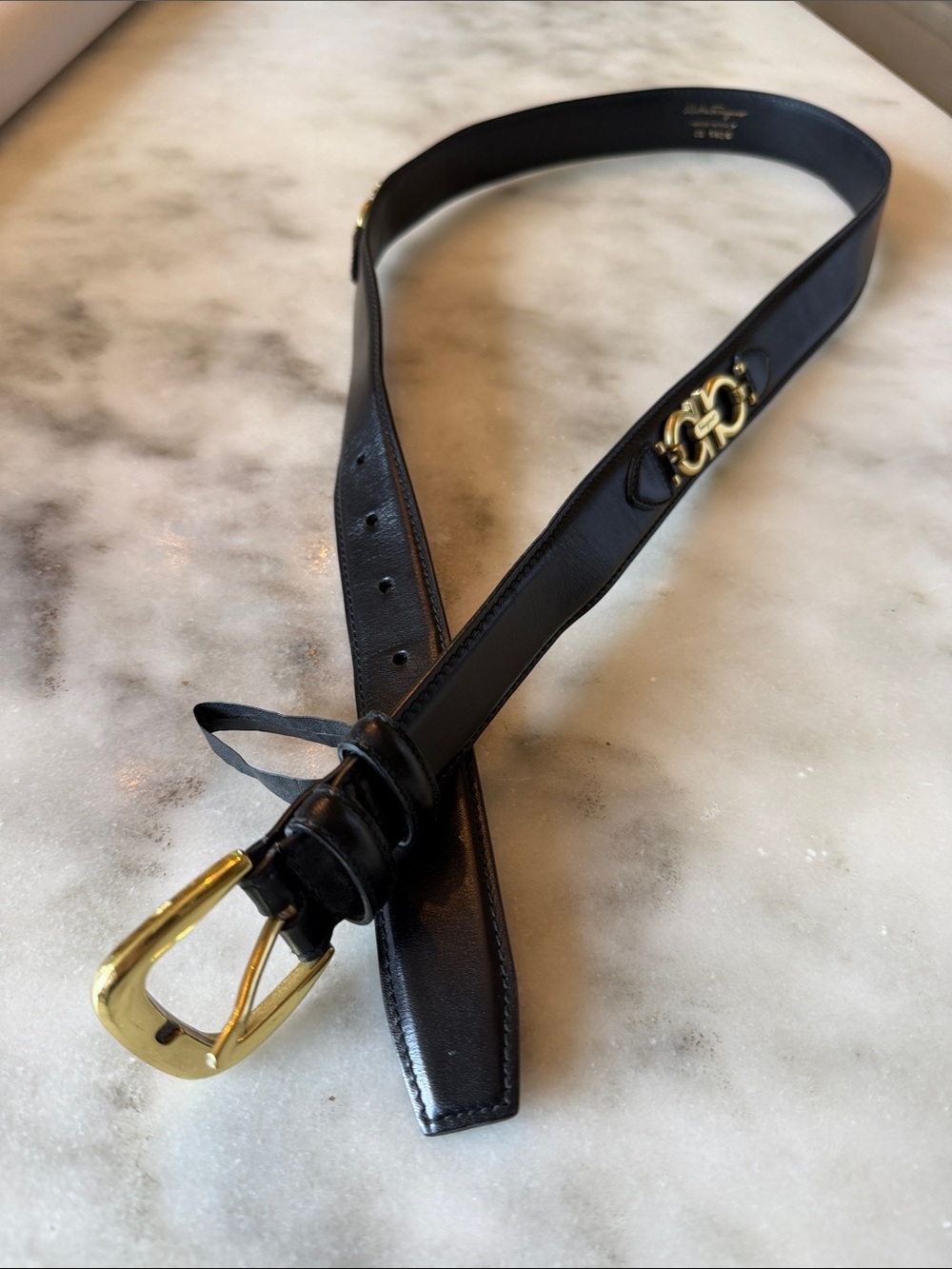 Salvatore Ferragamo Black Leather Belt with Gold Gancini Accent